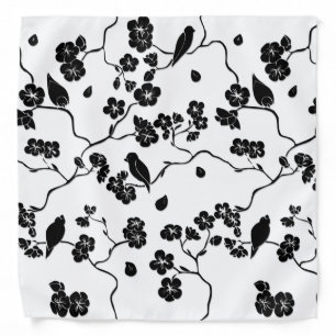 Black and White Pattern Birds on Cherry Blossoms Bandana