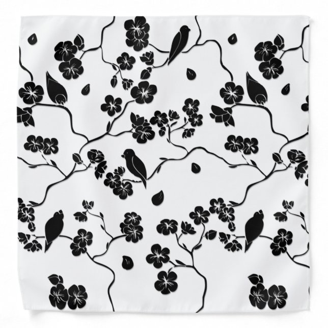 Black and White Pattern Birds on Cherry Blossoms Bandana (Front)