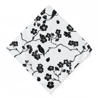 Black and White Pattern Birds on Cherry Blossoms Bandana