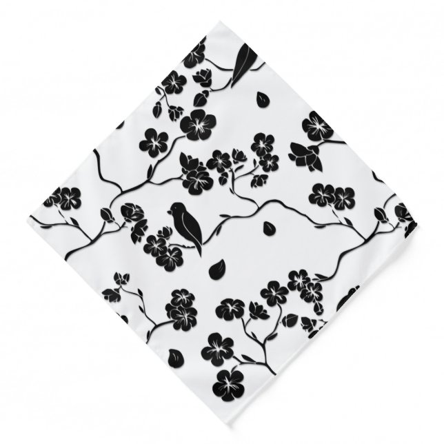 Black and White Pattern Birds on Cherry Blossoms   Bandana (Front)