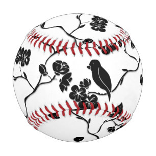 Black and White Pattern Birds on Cherry Blossoms Baseball