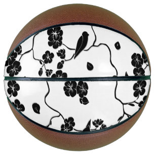 Black and White Pattern Birds on Cherry Blossoms Basketball