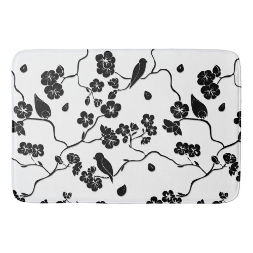 Black and White Pattern Birds on Cherry Blossoms Bath Mat