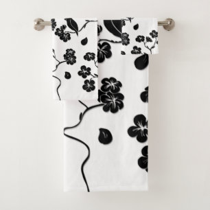Black and White Pattern Birds on Cherry Blossoms Bath Towel Set