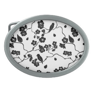 Black and White Pattern Birds on Cherry Blossoms Belt Buckle