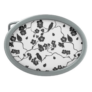 Black and White Pattern Birds on Cherry Blossoms   Belt Buckle