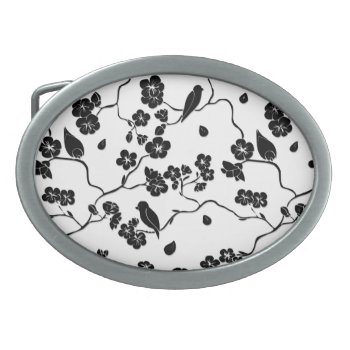 Black And White Pattern Birds On Cherry Blossoms   Belt Buckle by kahmier at Zazzle