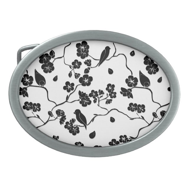 Black and White Pattern Birds on Cherry Blossoms   Belt Buckle (Front)