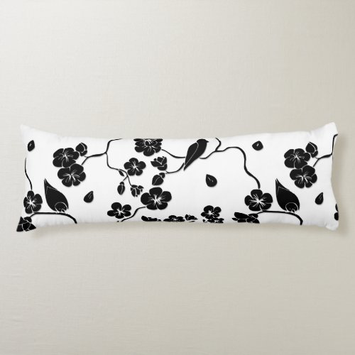 Black and White Pattern Birds on Cherry Blossoms Body Pillow