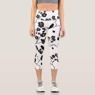 Black and White Pattern Birds on Cherry Blossoms Capri Leggings