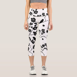 Black and White Pattern Birds on Cherry Blossoms Capri Leggings