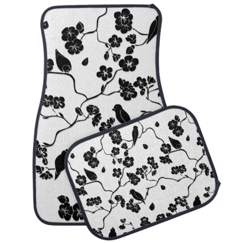 Black and White Pattern Birds on Cherry Blossoms Car Floor Mat