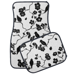 Black and White Pattern Birds on Cherry Blossoms Car Floor Mat