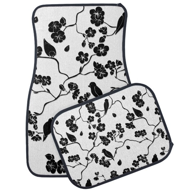 Black and White Pattern Birds on Cherry Blossoms   Car Floor Mat (Set)
