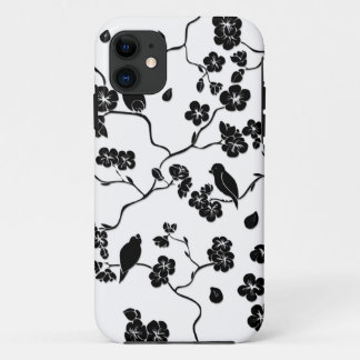 Black and White Pattern Birds on Cherry Blossoms   iPhone 11 Case