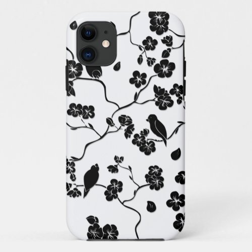 Black and White Pattern Birds on Cherry Blossoms iPhone 11 Case
