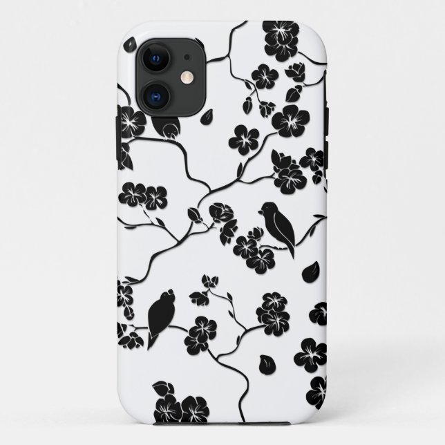 Black and White Pattern Birds on Cherry Blossoms Case-Mate iPhone Case (Back)