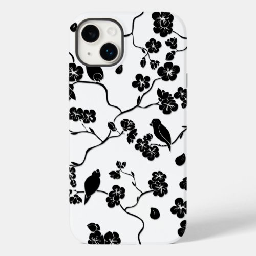 Black and White Pattern Birds on Cherry Blossoms   Case_Mate iPhone 14 Plus Case