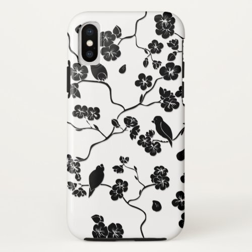 Black and White Pattern Birds on Cherry Blossoms iPhone XS Case