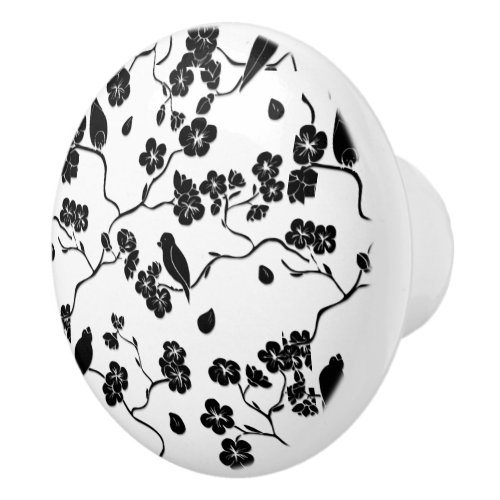 Black and White Pattern Birds on Cherry Blossoms Ceramic Knob