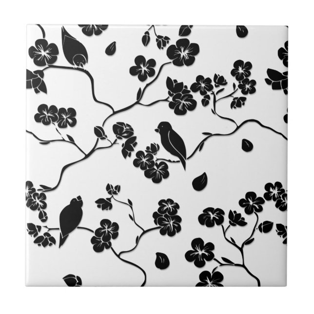 Black and White Pattern Birds on Cherry Blossoms Ceramic Tile (Front)