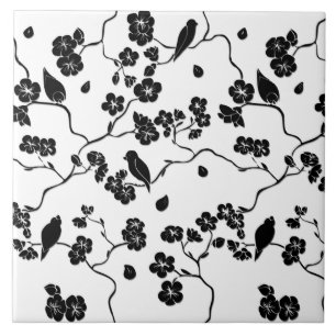 Black and White Pattern Birds on Cherry Blossoms   Ceramic Tile