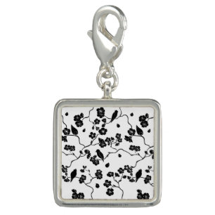 Black and White Pattern Birds on Cherry Blossoms Charm