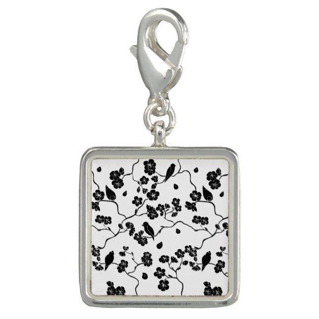 Black and White Pattern Birds on Cherry Blossoms   Charm (Front)