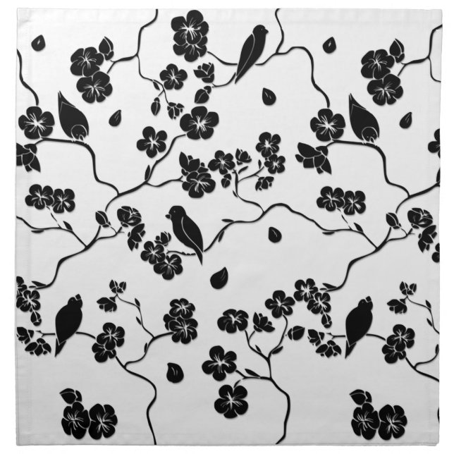 Black and White Pattern Birds on Cherry Blossoms Cloth Napkin (Front)