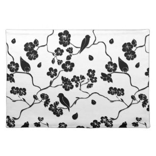 Black and White Pattern Birds on Cherry Blossoms Cloth Placemat