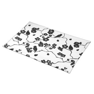 Black and White Pattern Birds on Cherry Blossoms Cloth Placemat