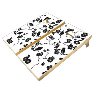 Black and White Pattern Birds on Cherry Blossoms   Cornhole Set