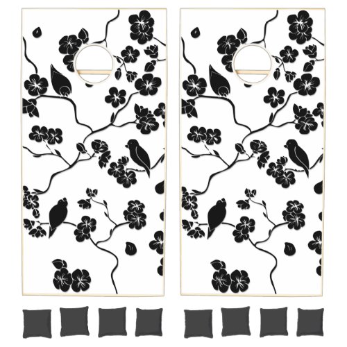 Black and White Pattern Birds on Cherry Blossoms Cornhole Set