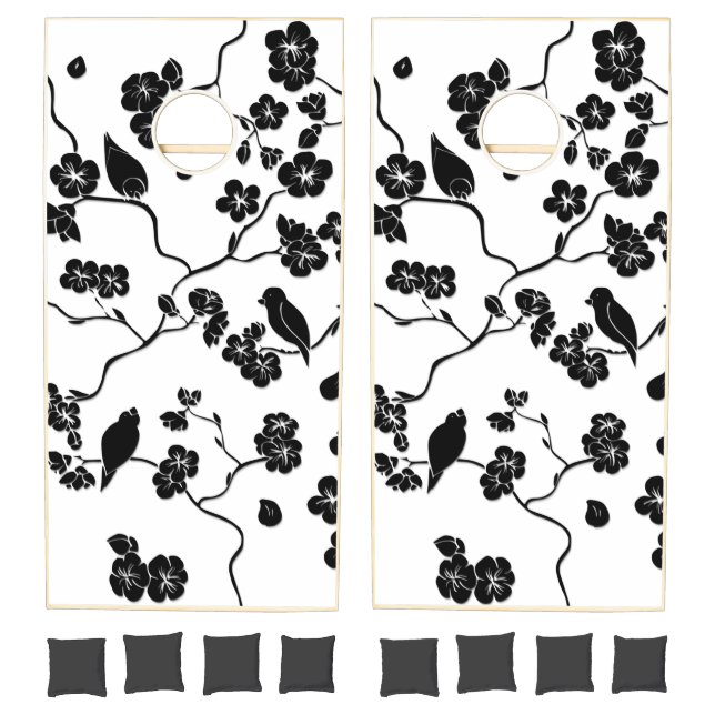 Black and White Pattern Birds on Cherry Blossoms Cornhole Set (Set)