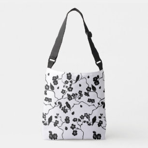 Black and White Pattern Birds on Cherry Blossoms Crossbody Bag