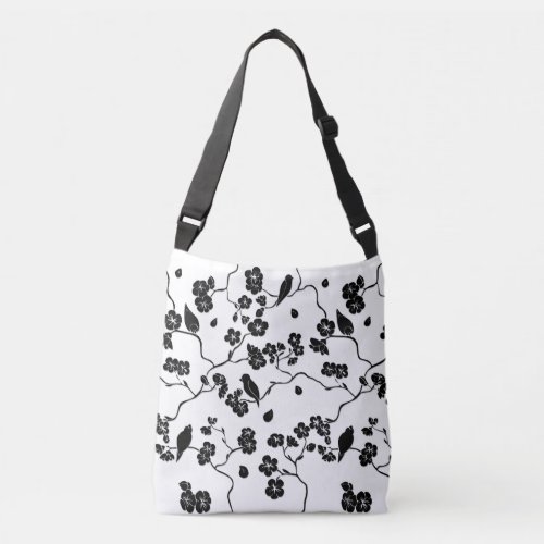Black and White Pattern Birds on Cherry Blossoms Crossbody Bag