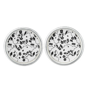 Black and White Pattern Birds on Cherry Blossoms Cufflinks
