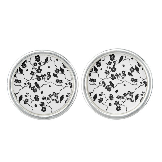 Black and White Pattern Birds on Cherry Blossoms Cufflinks (Front)