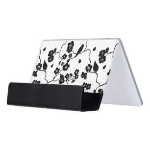 Black and White Pattern Birds on Cherry Blossoms Desk Business Card Holder
