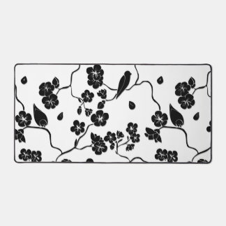Black and White Pattern Birds on Cherry Blossoms Desk Mat