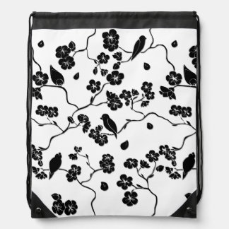 Black and White Pattern Birds on Cherry Blossoms   Drawstring Bag