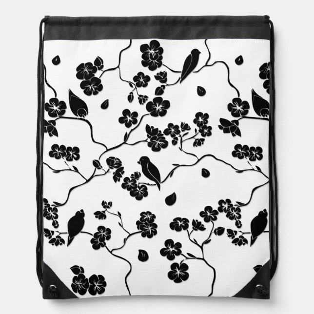 Black and White Pattern Birds on Cherry Blossoms   Drawstring Bag (Front)