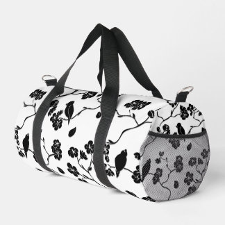 Black and White Pattern Birds on Cherry Blossoms   Duffle Bag