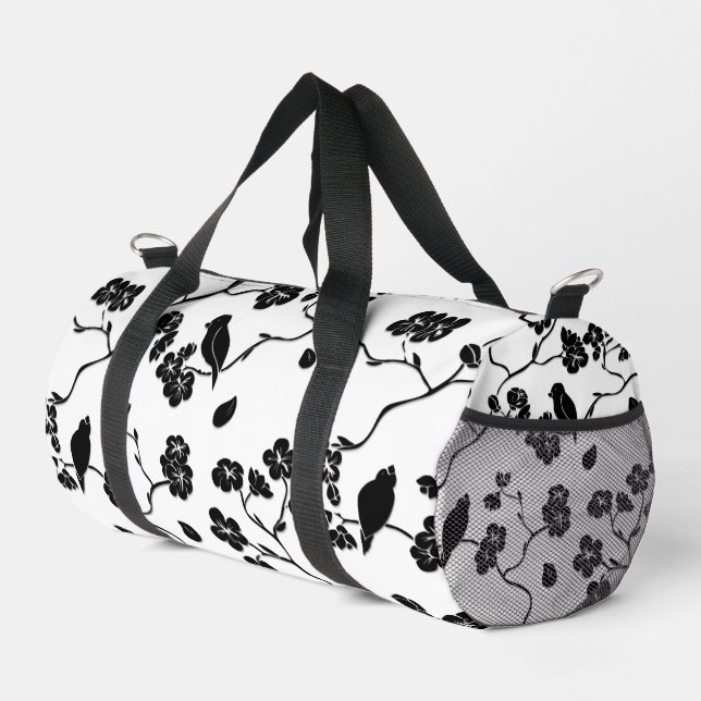 Black and White Pattern Birds on Cherry Blossoms   Duffle Bag (Right Corner)