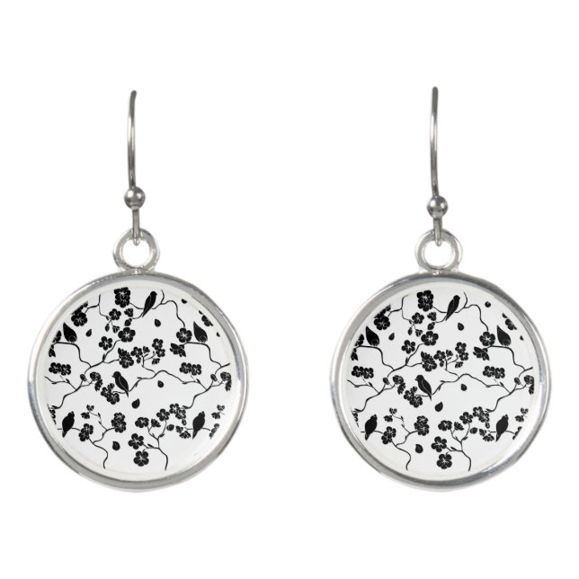 Black and White Pattern Birds on Cherry Blossoms   Earrings (Front)