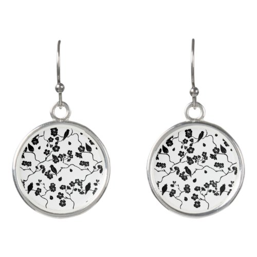 Black and White Pattern Birds on Cherry Blossoms Earrings