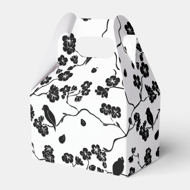 Black and White Pattern Birds on Cherry Blossoms Favor Boxes (Front Side)