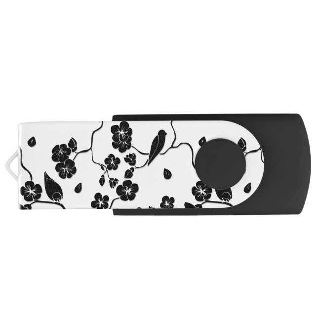 Black and White Pattern Birds on Cherry Blossoms   Flash Drive (Back)