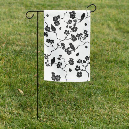 Black and White Pattern Birds on Cherry Blossoms   Garden Flag