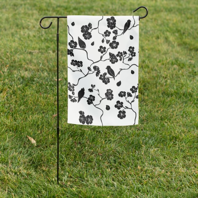 Black and White Pattern Birds on Cherry Blossoms   Garden Flag (In SItu)
